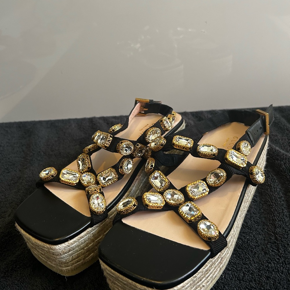 Gucci Jute Crystal Embellishment Espadrille Platform
